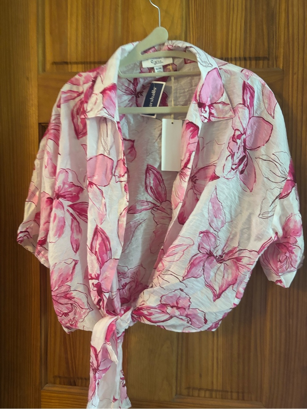 Market & Spruce White and Pink Floral Tie-Front Button Down